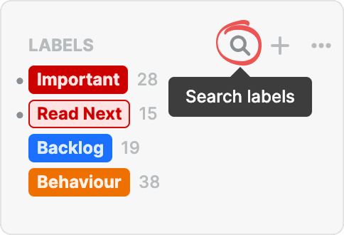 The Labels section of the sidebar with a “Search labels” tooltip over the circled magnifier button, above the Important, Read Next, Backlog and Behaviour labels.
